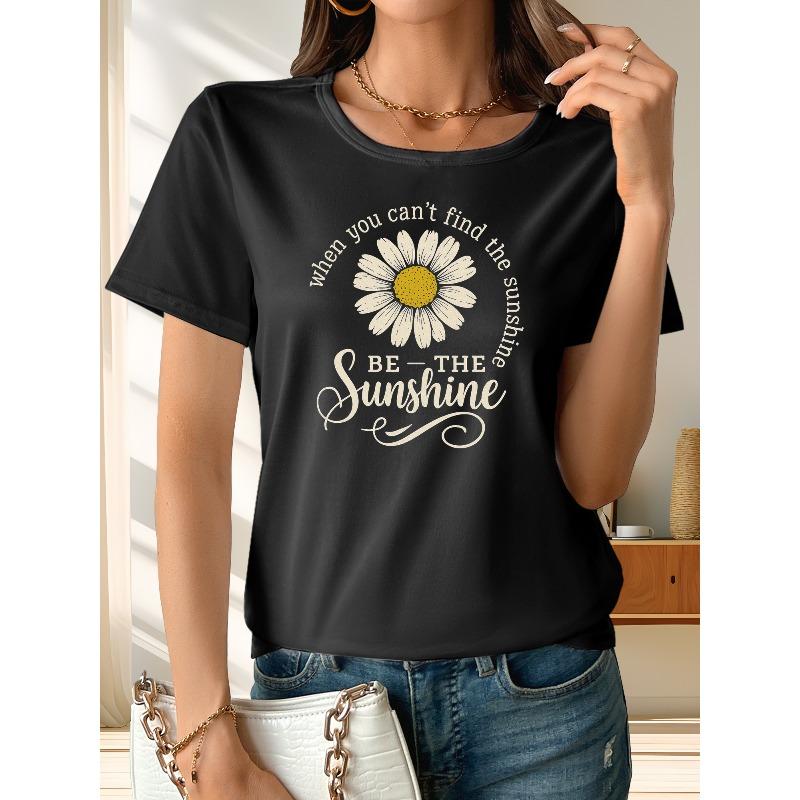 Sunshine Printed T-Shirts, Patterned Printed Round-Neck T-Shirts, Round-Neck Short-Sleeved T-Shirts, Round-Neck Tops, Casual Short-Sleeved T-Shirts