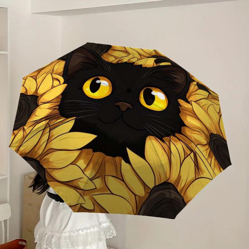 1pc Black Cat Sunflowers Umbrella with Plastic Handle,Suitable for All Seasons Home Travel Outdoor UmbrellaDD1733