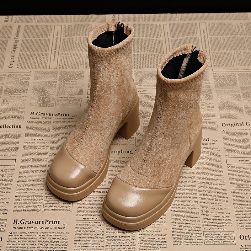 European spring and autumn high-heeled short boots women's 2025 new small man looks tall, autumn and winter thin with skirt thick-soled Martin boots
