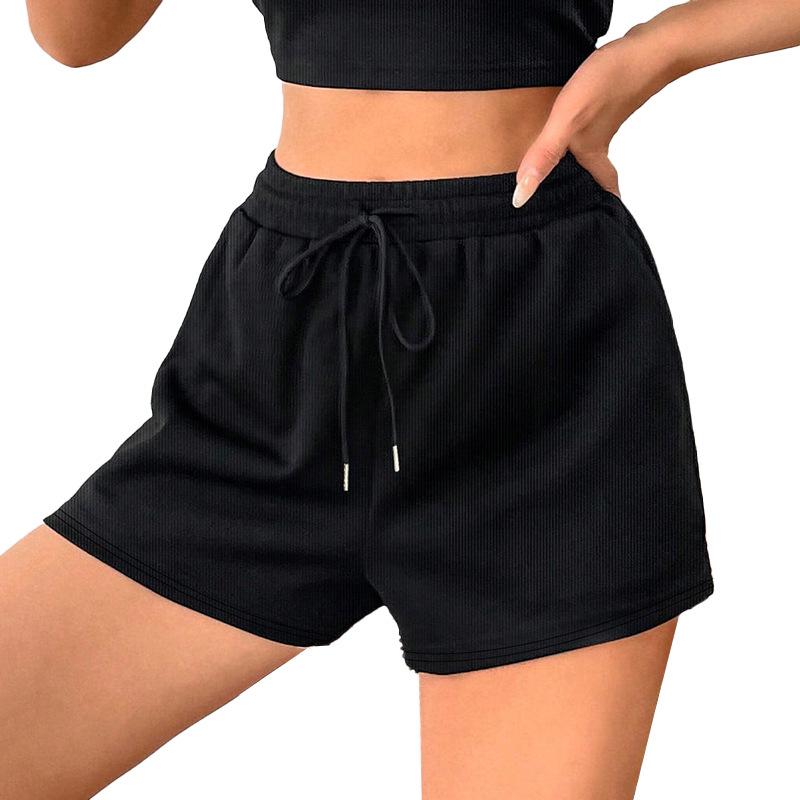 

2025 Трикотажные шорты с высокой посадкой на кулиске - Европейский и американский стиль, Летние повседневные широкие женские спортивные брюки. M