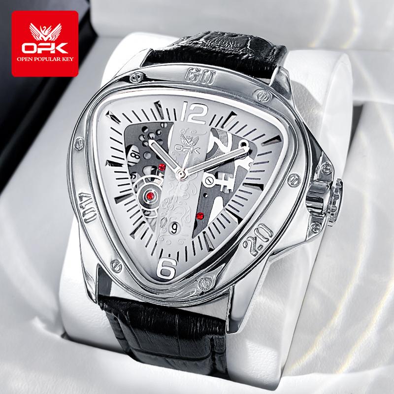 OPK Modny Oryginalny Zegarek Kwarcowy Dla Mężczyzn Luksusowa Trójkątna Tarcza Wodoodporny Luminescencyjny Skórzany Zegarek Dla Biznesmena