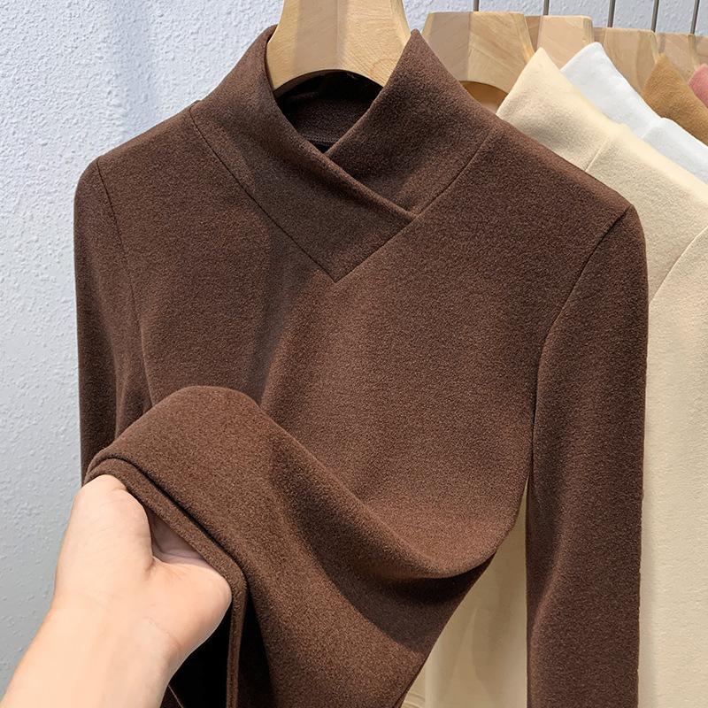 Semi-turtleneck Bottoming Shirt Women's New Women's Clothing Overlapping Collar Polished T-shirt Warm Inner Waist Top