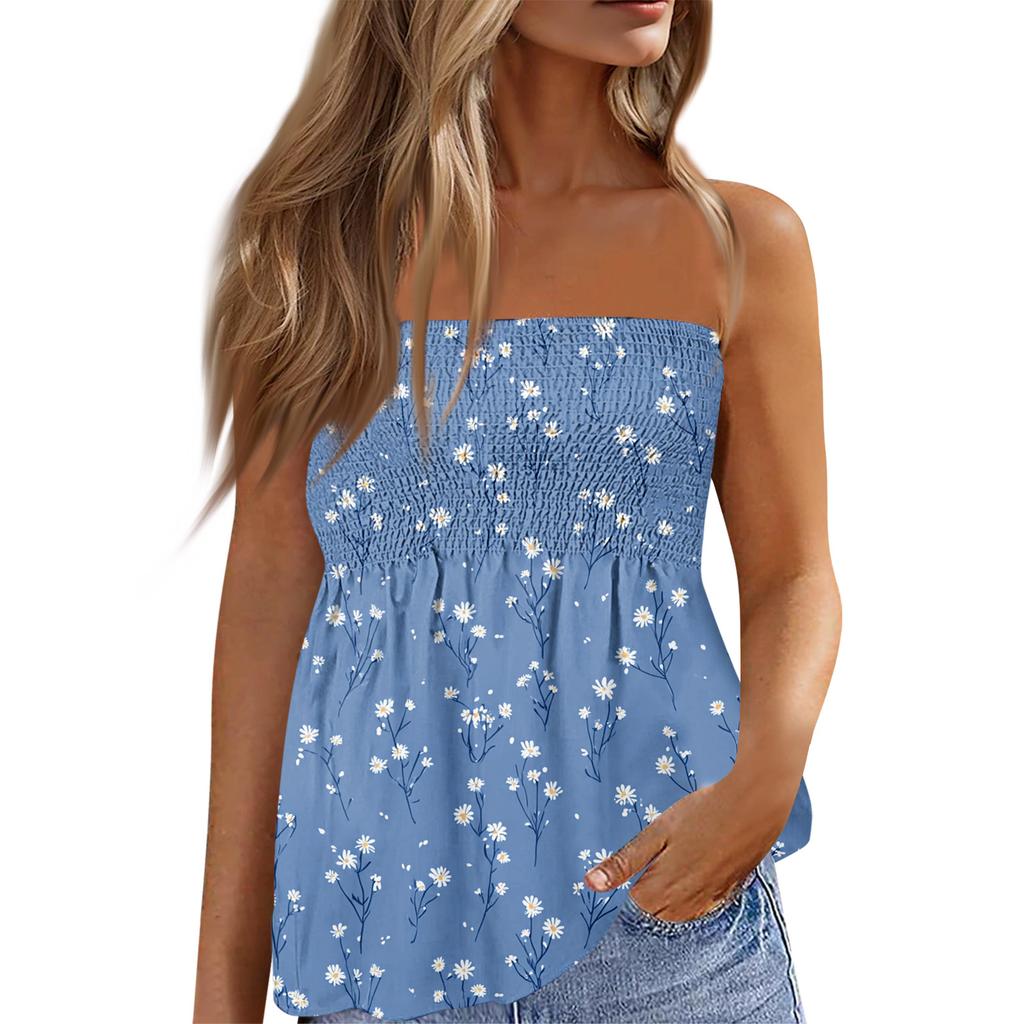 Women's Fashionable And Sexy Backless Elastic Floral Print Strapless Slimming T-shirt Top