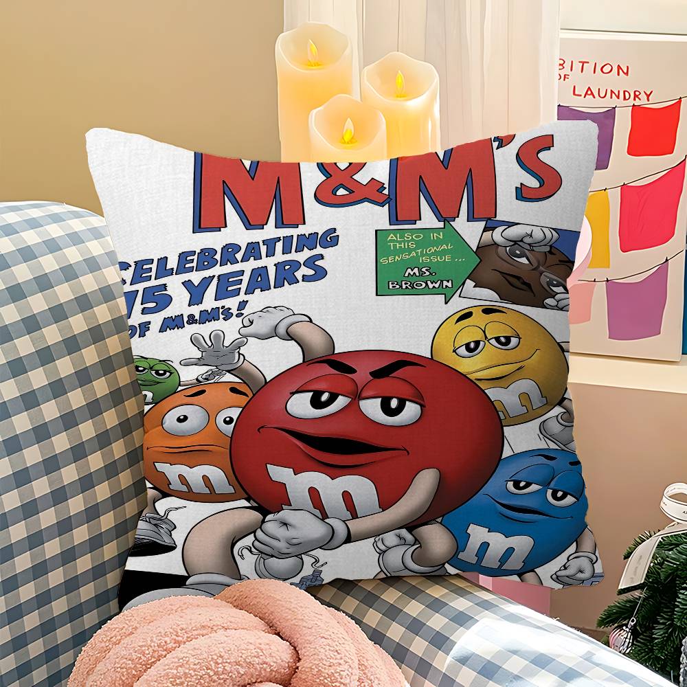 M-M&M Candy Snacks Pillow Covers Cartoon Sofa Decorative Home Double-sided Printing Short Plush Cute Cushion Cover