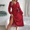 Women Long Sleeve A Line Long Dress High Waist Dot Pleated Autumn Winter Fashion