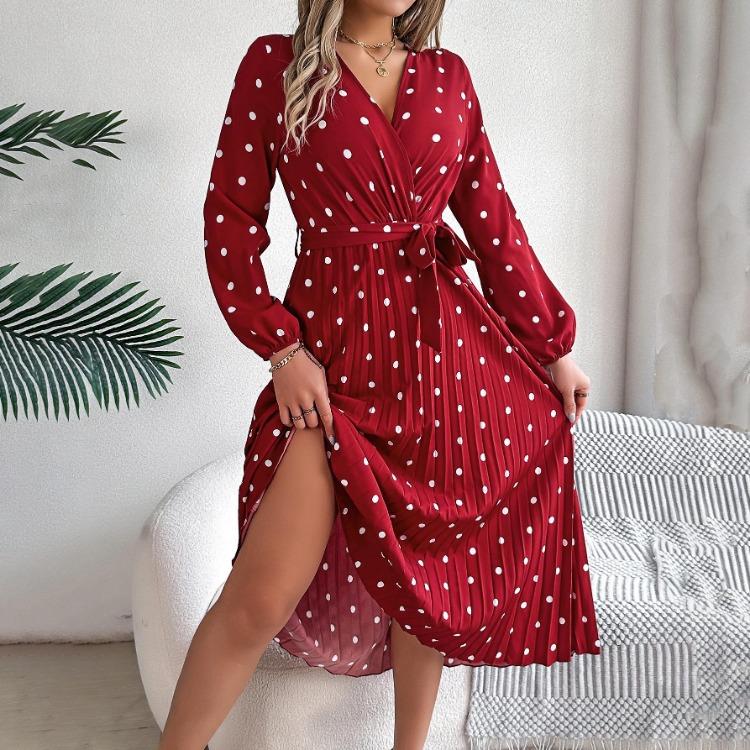 Women Long Sleeve A Line Long Dress High Waist Dot Pleated Autumn Winter Fashion