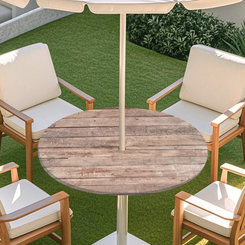 Copritavolo Rotondo da Esterno con Effetto Legno Impermeabile Orlo Elastico Per Patio Giardino Sala da Pranzo