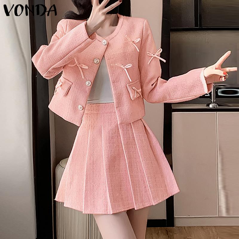 VONDA Women Autumn Round Neck Tied Long Sleeve Solid Color Jackets