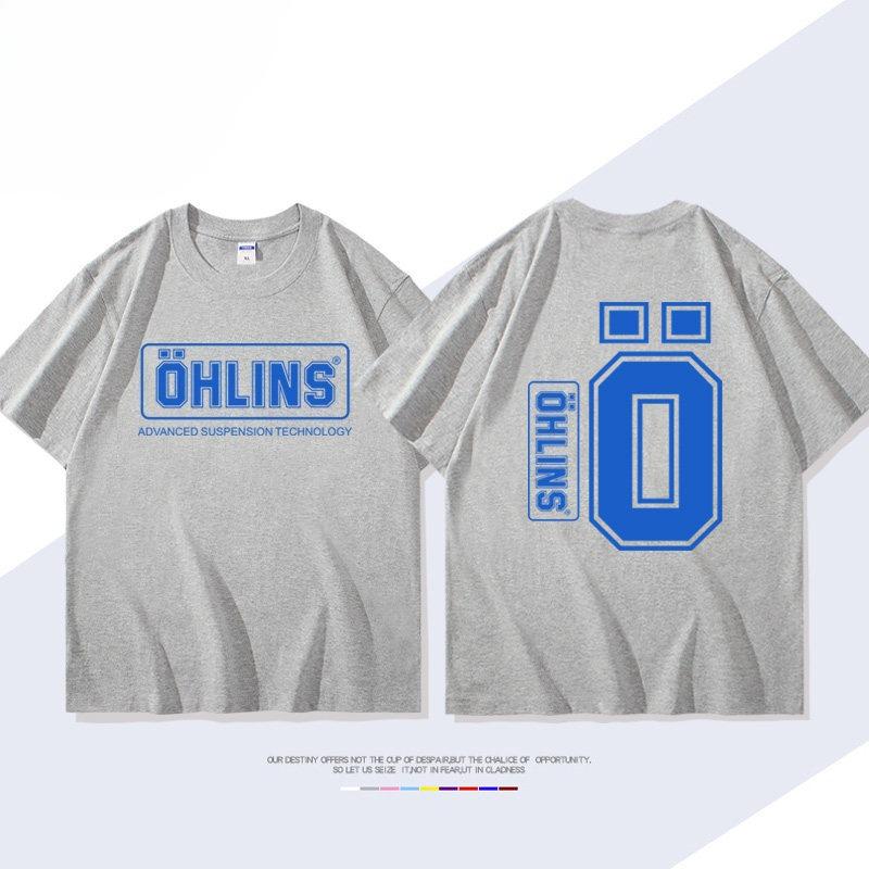 OHLINS Motorcycle Shock Absorber Modified Shortsleeved Tshirt Casual Mens and Womens Pure Cotton Clothing