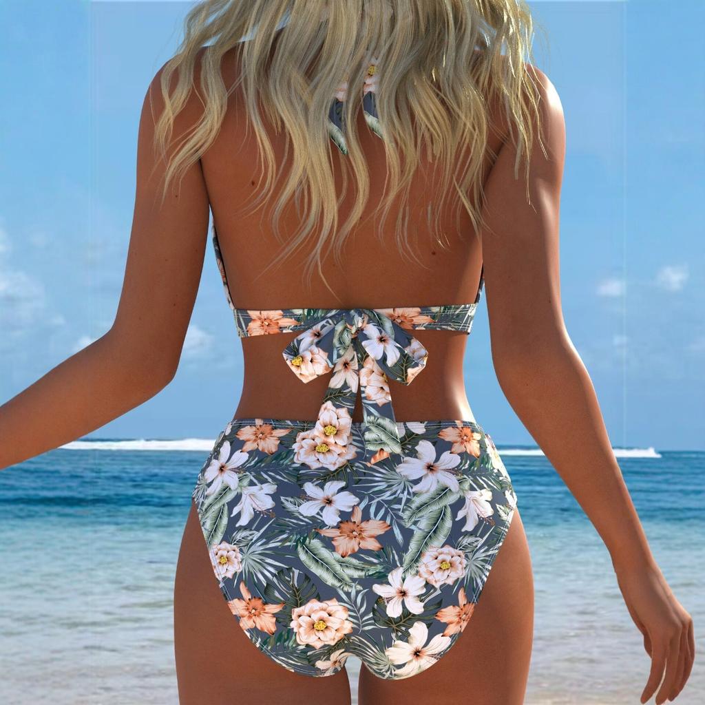 New European and American Tropical Printed Bikini Women's Split Swimsuit Sexy Suspender High Waist Beach Vacation Swimming