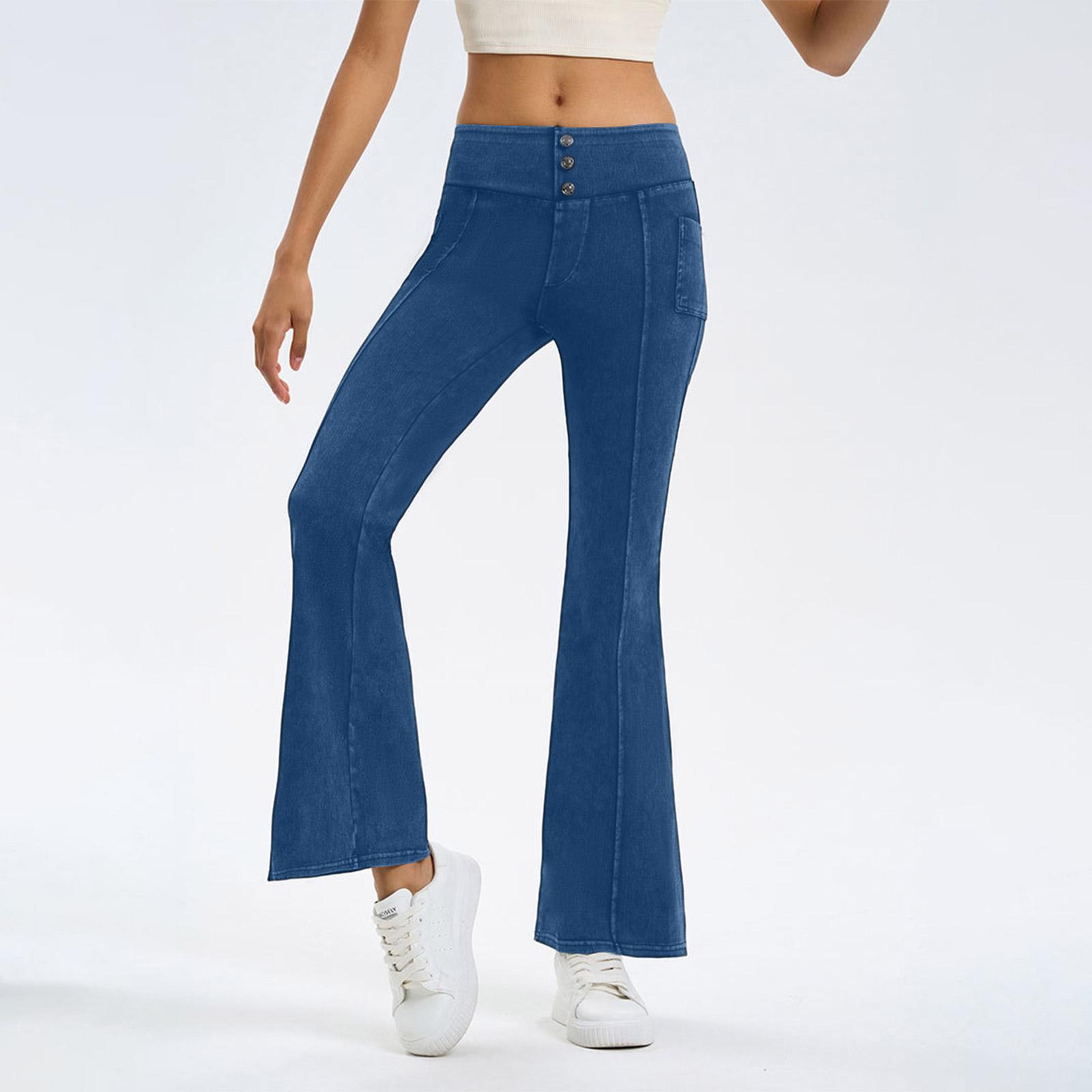 

Женские джинсовые расклешенные брюки для йоги Женские высокоэластичные с утягивающим животом и подтягивающие бедра карманы Спортивные фитнес повседневные брюки XXL