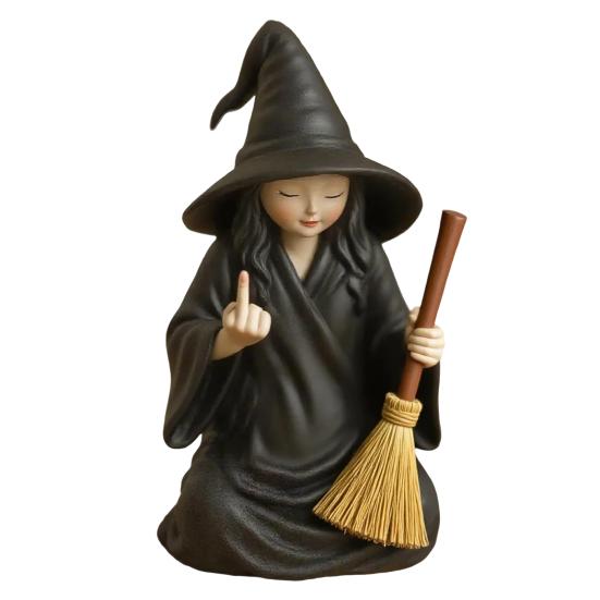 Halloween Ornament Dark Humor Witchcraft Vibe Creepy Witch Statue Black Robe Cat Themed Resin Home Decor
