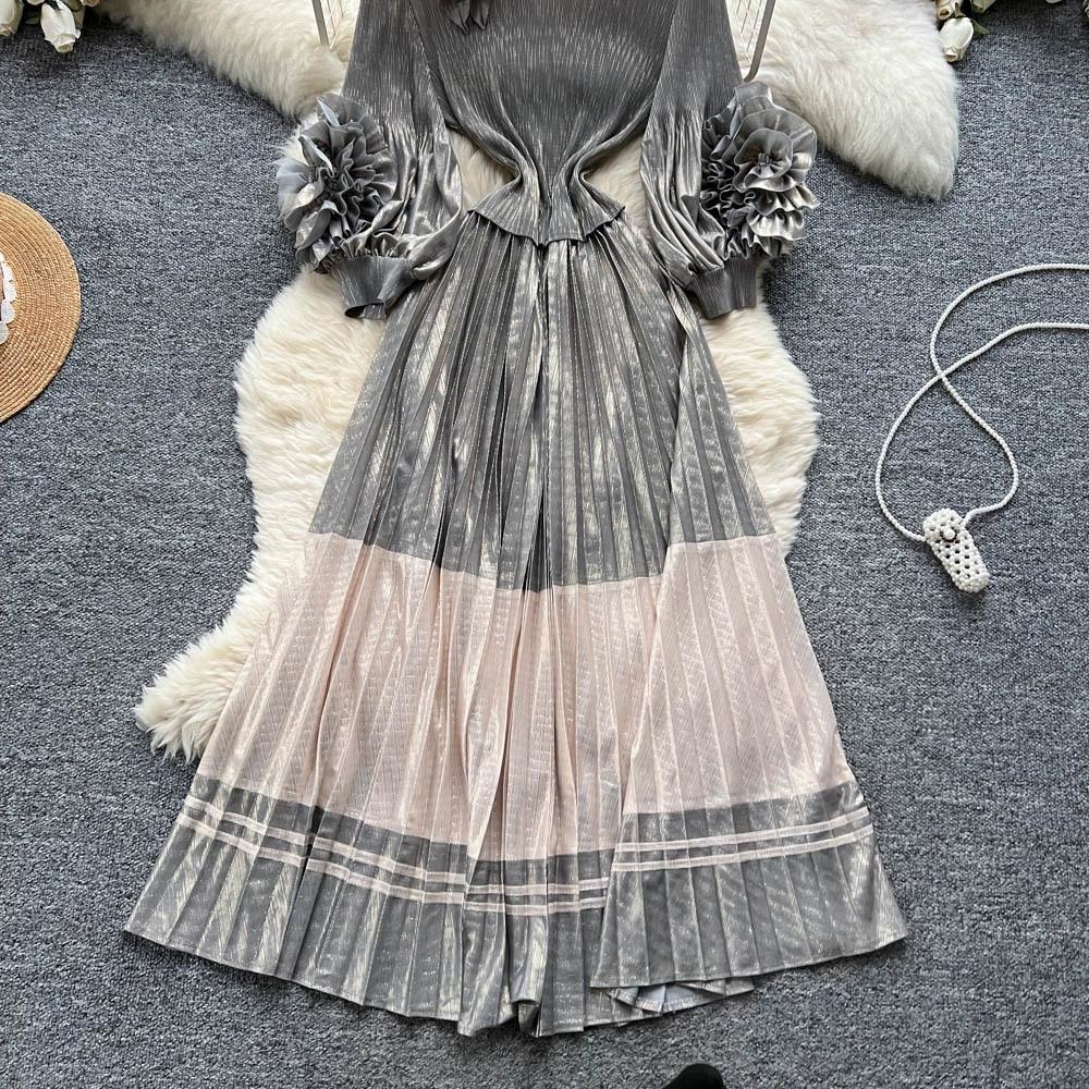 Wiosna Jesień Kobiety Luksus Plus Size Plisy Miyake Kwiat 3D Oversize Luźna Długa Sukienka Maxi Party Plisowana