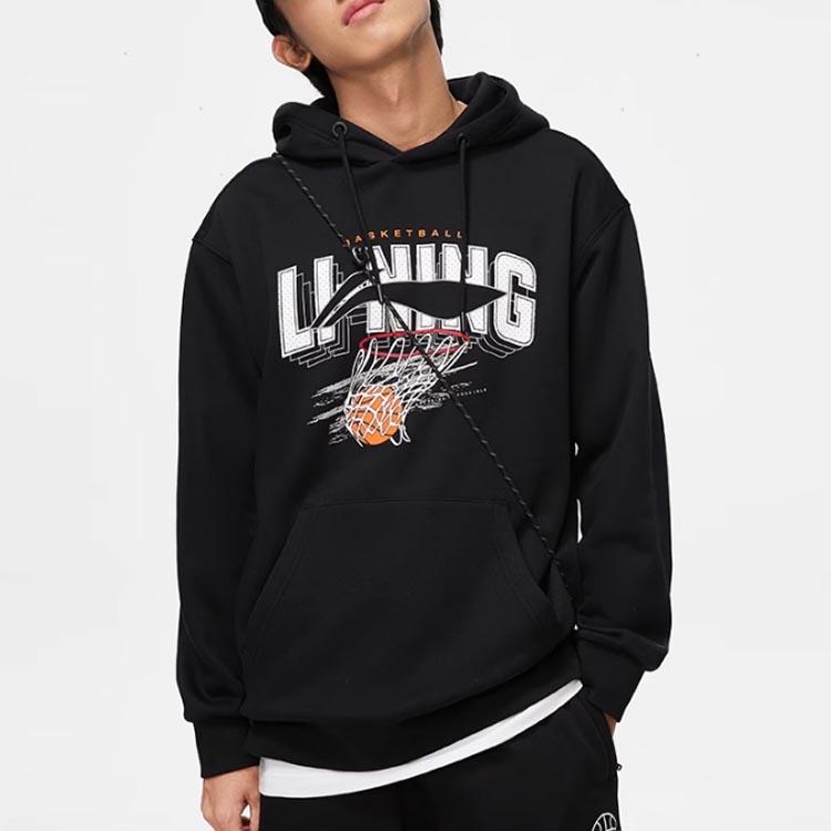 Li Ning Sports Lifestyle Series Lettered Hooded Fleece Pullover Long Sleeve Sweatshirt Men sweatshirt Black AWDTE39-1