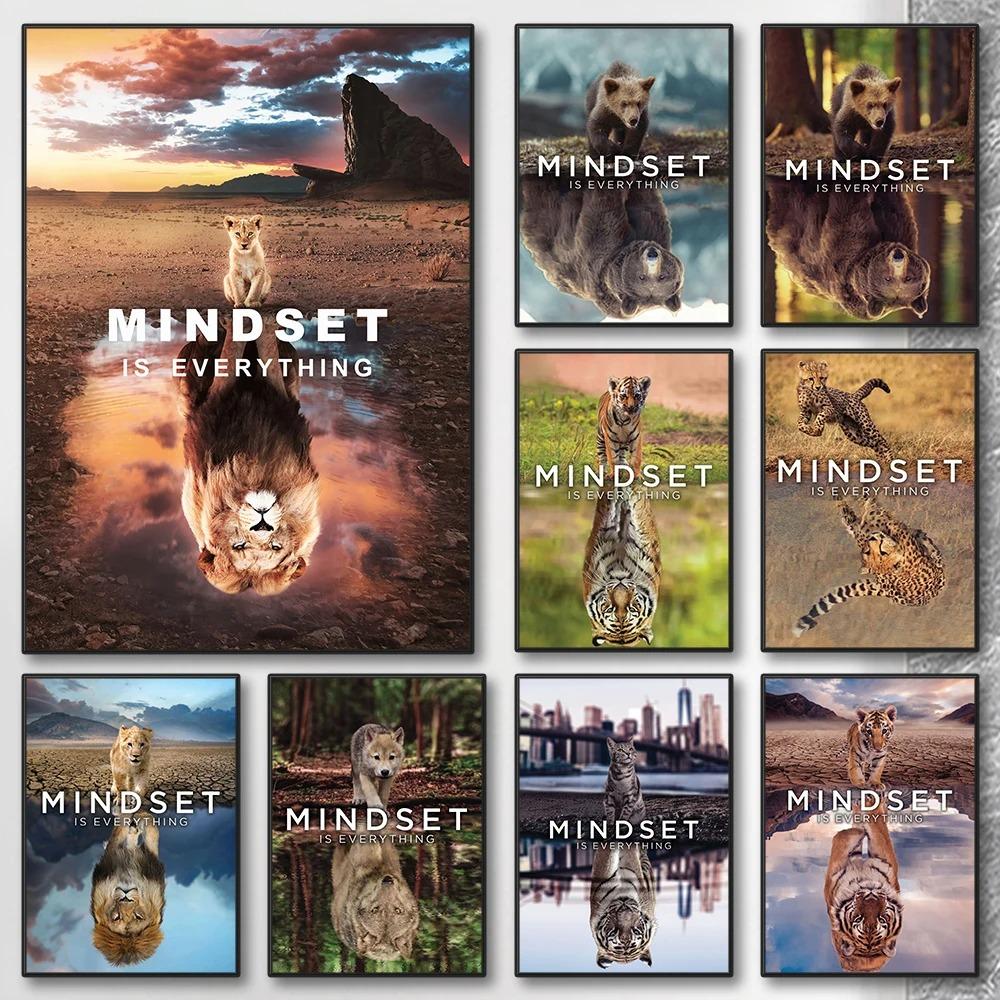1pc frameless Canvas MINDSET IS EVERYTHING Motivational Poster Lion Tiger Wolf Animal Wall Art Canvas Print fo