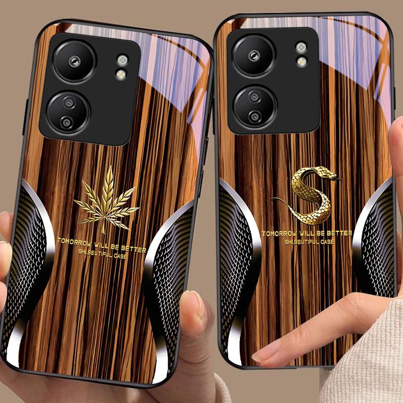 Holzmaserung Schlange Für Xiaomi Redmi 13C Note13 12 Pro Plus 5G Note 9 13T Pro POCO X6 F5 F6 Schwarz Gehärtetes Glas Handyhülle