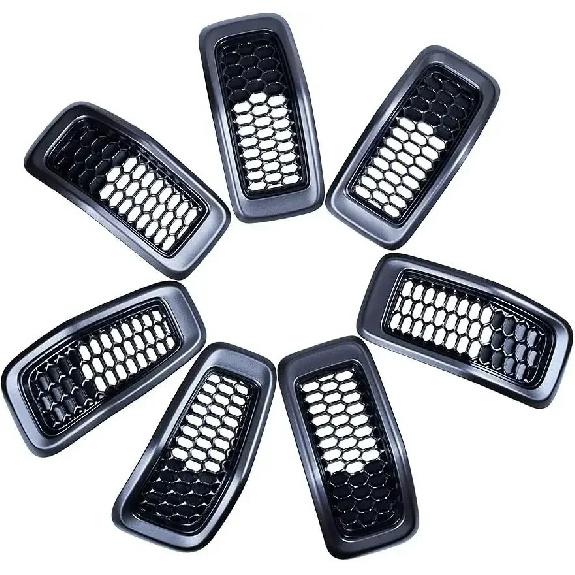 7Pcs Car Front Grill Honeycomb Mesh Ring ABS Racing Front Grille Inserts Cover Trim For Jeep Cherokee 2014 2015 2016 2017 2018 Retro Gray