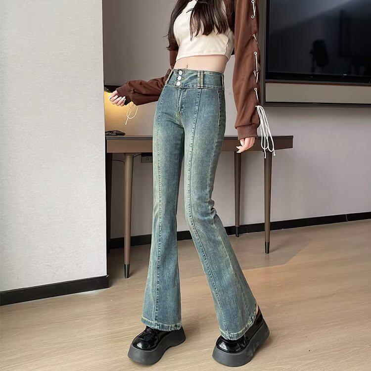 Washed Retro Micro-Flare High-Waisted Jeans for Women - 2024 Autumn Collection: Elastic, Distressed, Slimming, Tall-Looking Long Pants