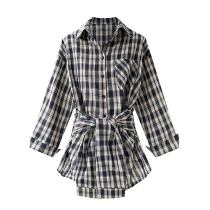 Spicy Girl HK Style Plaid Tie-Waist Long-Sleeve Shirt for Women - Versatile Loose Mid-Length Top for Early Autumn 2025