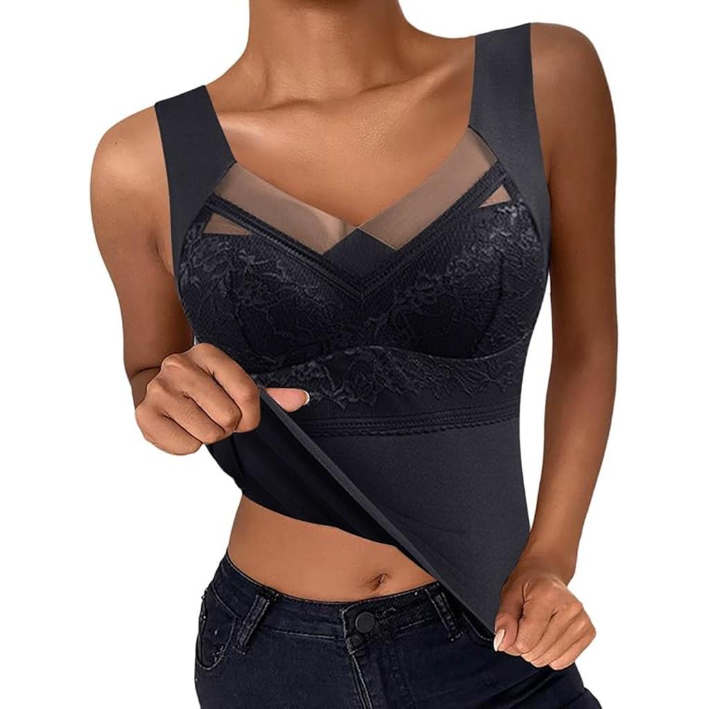 Thermal Underwear with Built in Bra Women Sleeveless Undershirt Cold Weather Thermal Tank Top Warm Lace Base Layer