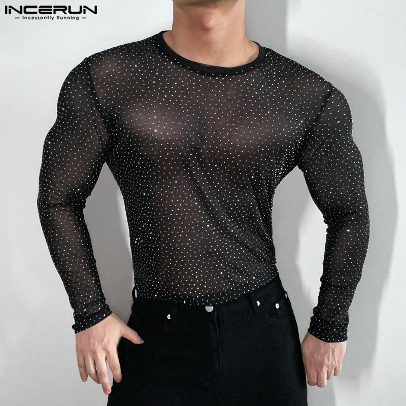 INCERUN Men Long Sleeve Mesh Sheer See Through Tops Skinny T-Shirts