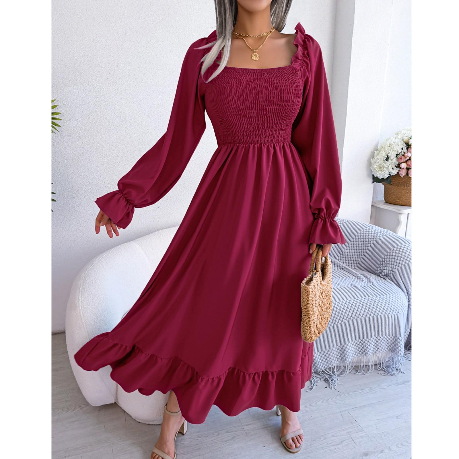 

Женское повседневное однотонное платье с квадратным вырезом, рукавами-фонариками, широкой юбкой с оборкой XL красный