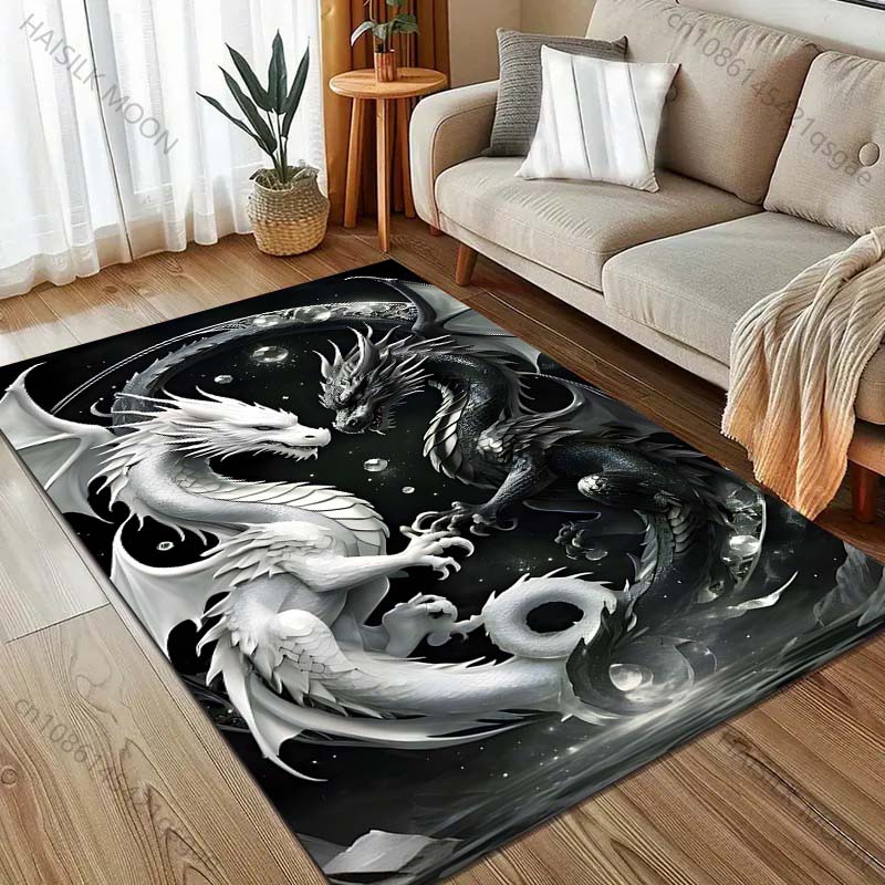 1PC White and black dragons facing Carpet for Living Room Bedroom Sofa Home Decor Rus Non-slip Floor Mat Luxury Gift