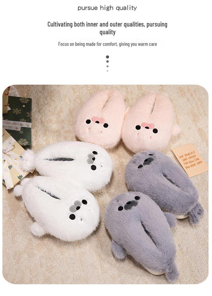 Adorable Cartoon Sea Lion Plush Slippers - Warm, Non-slip Cotton for Men and Girls