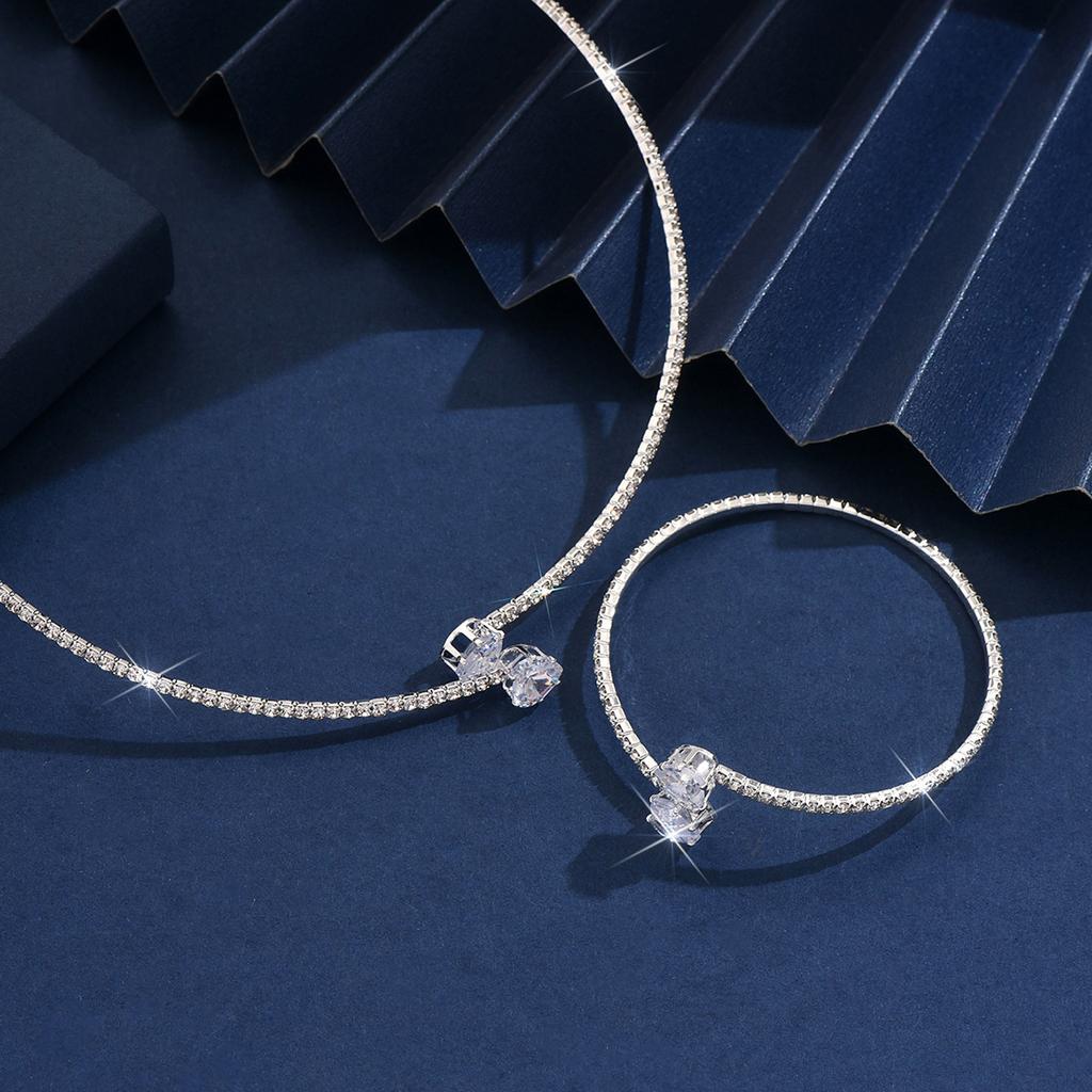 Collar Bracelet 2-Piece Set, Pearl Zircon Love Triangle Round Fashion Temperament