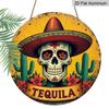 2D Flach, 1 Stück Retro Mexikanisches Bar Schild - Tequila-Thema Runde Aluminium Wandkunst mit Sombrero, Kakteen und Blumenmustern - Perfekt für Zuhause