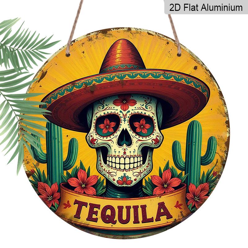 2D Flach, 1 Stück Retro Mexikanisches Bar Schild - Tequila-Thema Runde Aluminium Wandkunst mit Sombrero, Kakteen und Blumenmustern - Perfekt für Zuhause