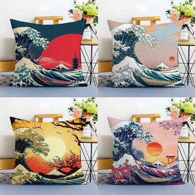Japanese Waves Pillow Case Anti-dustmite Pillowcase Invisible Zipper Silky Sofa Cushion Cover