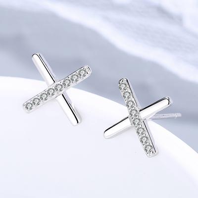 S925 Sterling Silver Letter X-Shaped Diamond Stud Earrings Korean Style Fashionable Earrings
