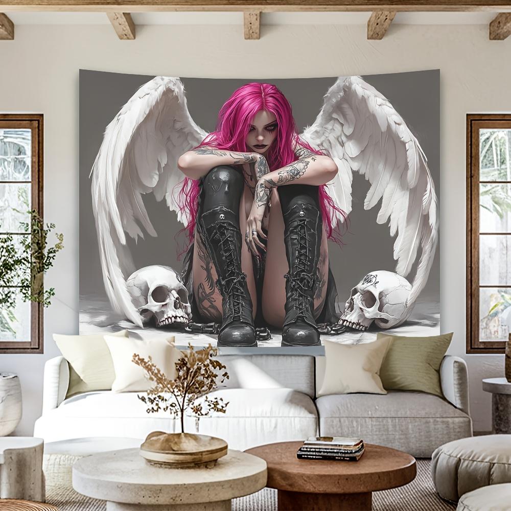 Pink Hair Angel With White Wings Skulls Tattooed Woman Wall Tapestry Gothic Art Decor Dark Aesthetic Home Interior Design
