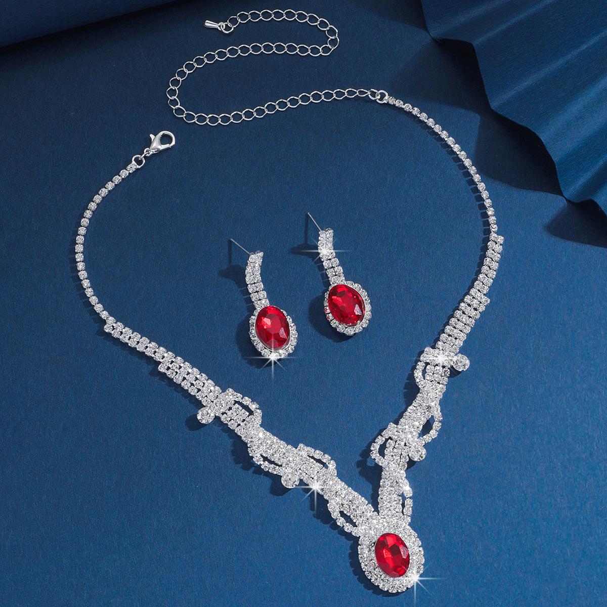 Fashion Ruili Flower Zircon Necklace Earrings Set Female Emerald Gemstone Set Chain Wedding Dress Accessories