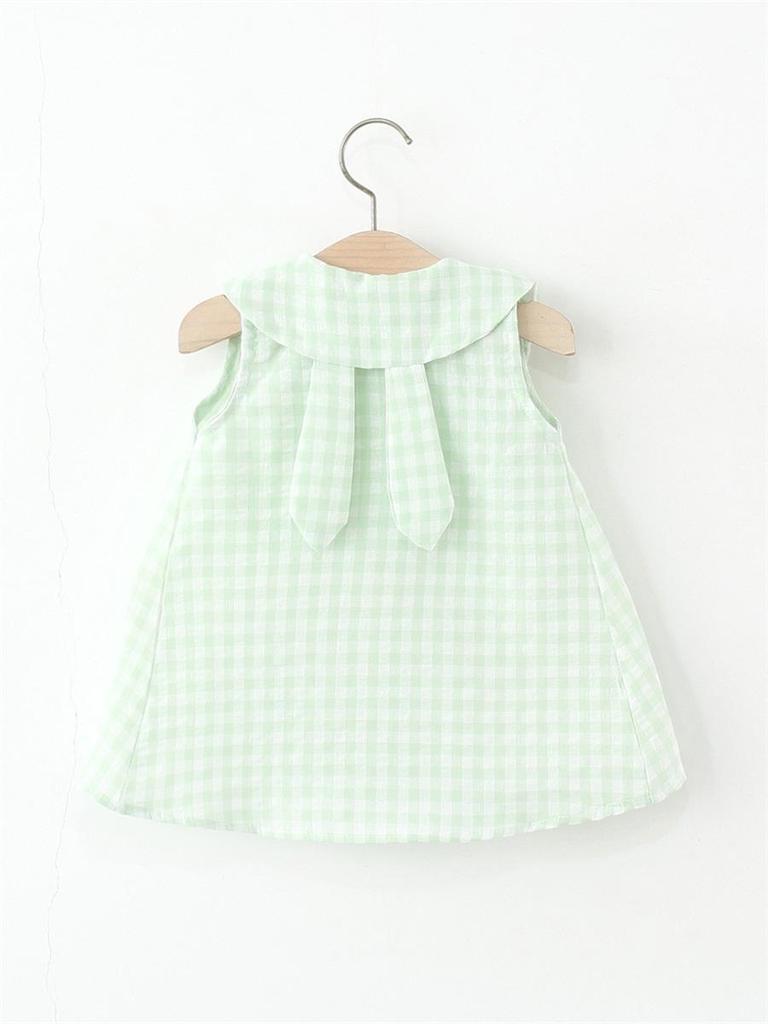 Girls' Plaid Sleeveless A-line Dress with Peter Pan Collar and Bunny Bag