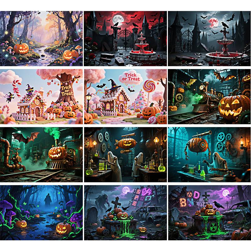 Halloween Wall Art Decor AI Spooky Pumpkin Candy House Gothic Cemetery Poster Horror Fantasy Room Decor Mystery Festive Holiday Background Painting