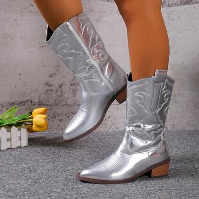 Women's Cowboy Boots Embroidered Pointed Toe Thick Heel Ankle Western Boots Silver Tassel Cowgirl Women's Boots Zapatos
