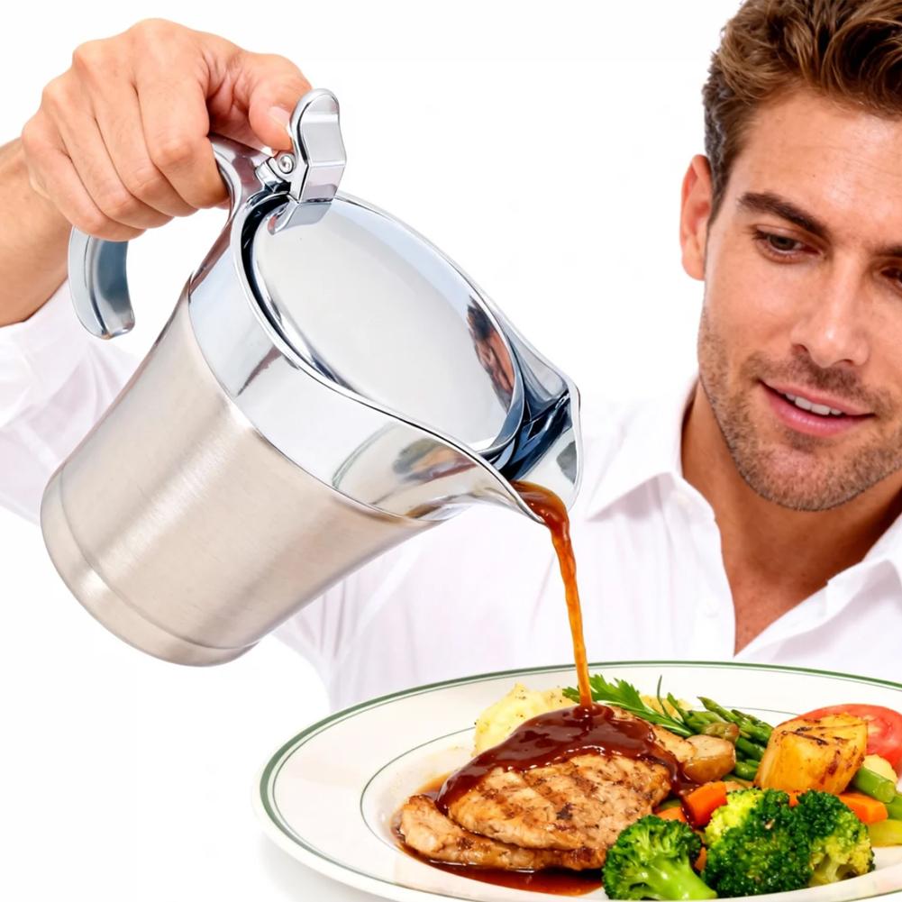 304 Stainless Steel Gravy Jug 450ML Sauce Dispenser Double Insulated Sauce Gravy Boat Vinaigrette Pot with Hinged Lid for Home