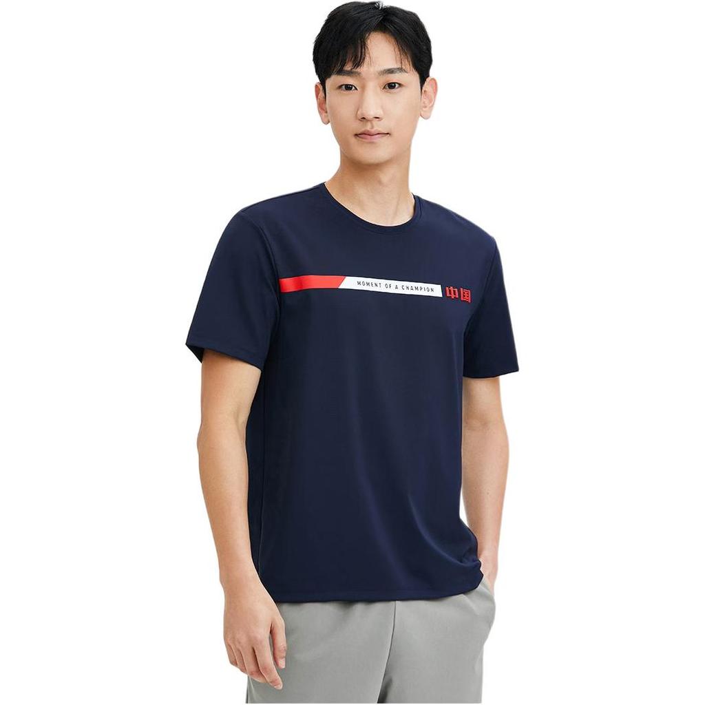Anta Training Series Letter Print Knitted Short Sleeve T-Shirt Men Tops Midnight-Blue 152337105-3
