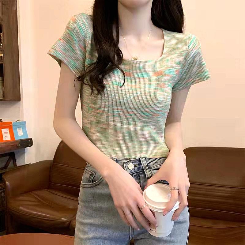 Sommer Neu Koreanischer Stil Schlichte Mode Regenbogenfarben Weich Wachsartig Quadratischer Kragen Kurzärmliger Pullover Damen T-Shirt Top