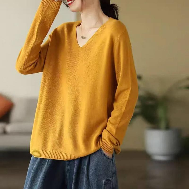 Top for Women Autumn Winter Large Size Loose Long Sleeve Knit Pullover V-Neck Loose-Fit Sweaters Top