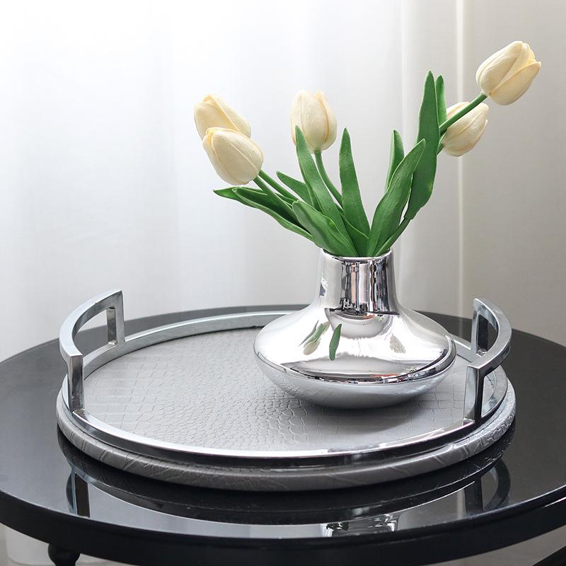 Light Luxury Leather Metal High Handle Round Tray Ornaments Model Room Sales Office Bed and Breakfast Study Room Designer Accessories