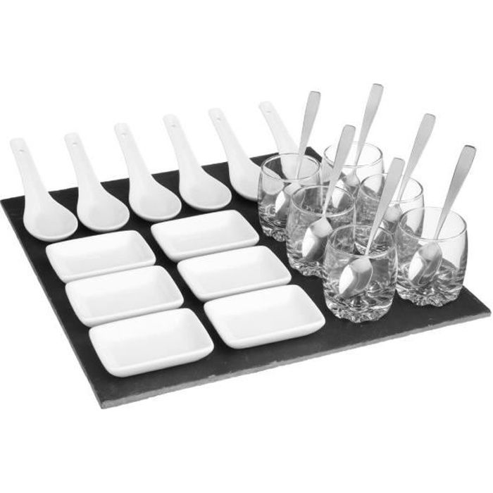 Set apéritif carré de 25 pièces - Secret de Gourmet - Verre, ardoise, porcelaine, inox - 30,5 x 6,5 x 30,5 cm