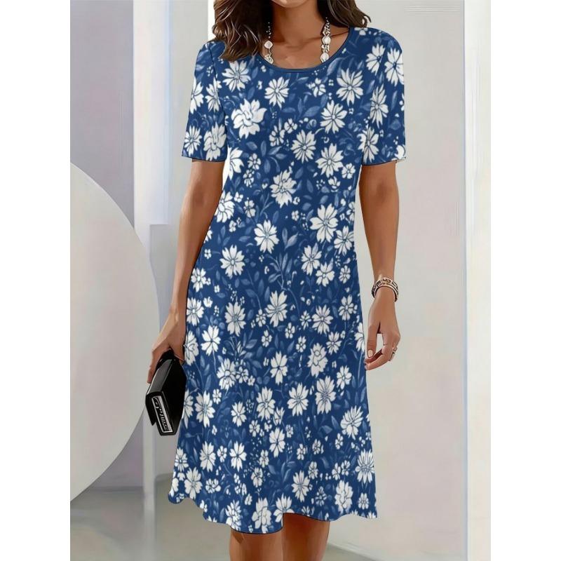 Daily Casual Women s Dress, Printed Pattern, Simple Outdoor Women s Clothing, Round-neck Short-sleeve Dress, Comfortable Design Apparel S
