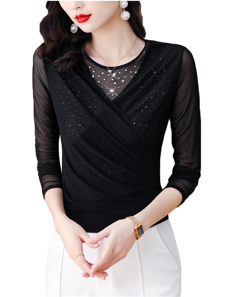 YONGO Cross Everyday Ballroom Dance Sparkly Dance Dance Practice Outfit Women's See-Through Top, Net, Innerwear, Wear, Top, T-Shirt, Sheer,