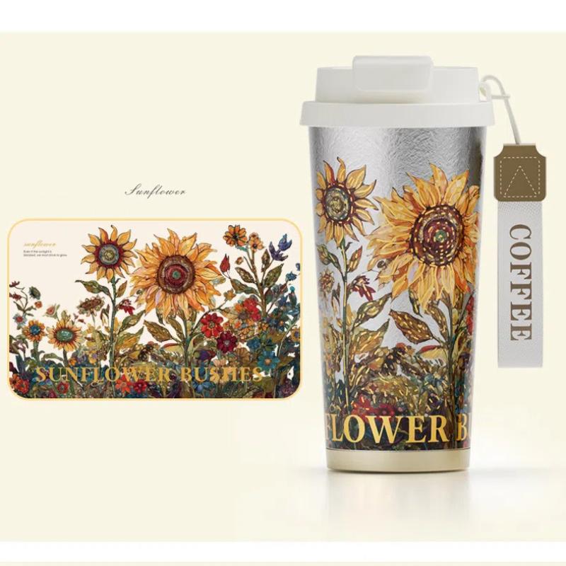 Pure Titanium Vacuum Flask & Thermos for Men and Women - Portablewith Straw Cherry Sunflower Thermos Bottle Tumbler