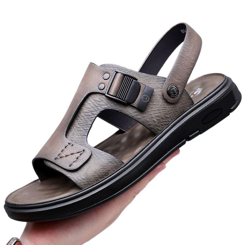 Kohudssandaler för män utomhus tofflor med öppen tå Casual läder Mjuksulor Halkfria strandskor