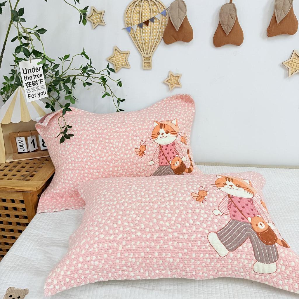 Cartoon Cotton Gauze Pillowcase Set: Soft, Breathable, Sweat-Absorbent Pillow Covers.
