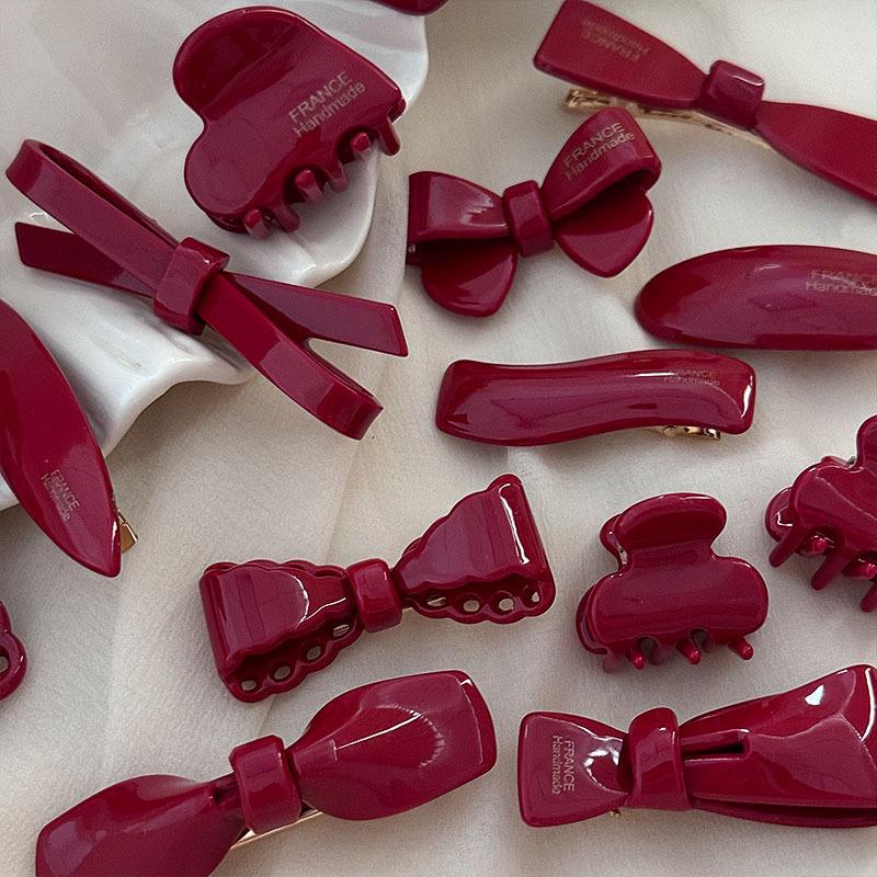 Festive Wine Red Bow Duckbill Hair Clip - Sweet Retro Style